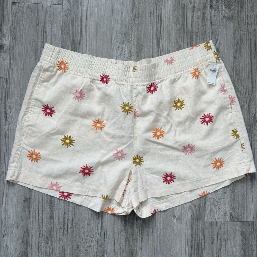 Old Navy Linen Blend Shorts 2XL Ivory Sunburst Print Pull-On Pocket Beach Resort